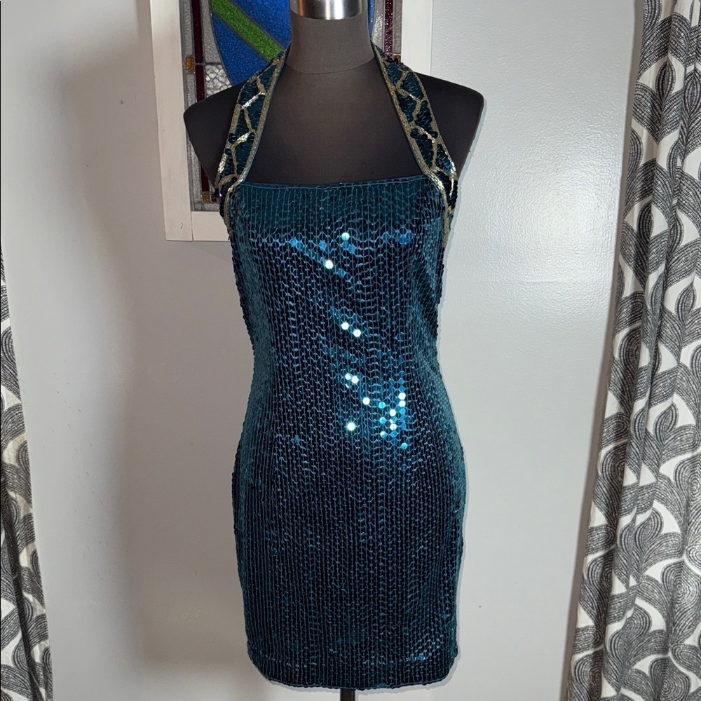 Deep Teal Sparkly Sequined Halter Mini Dress SZ8